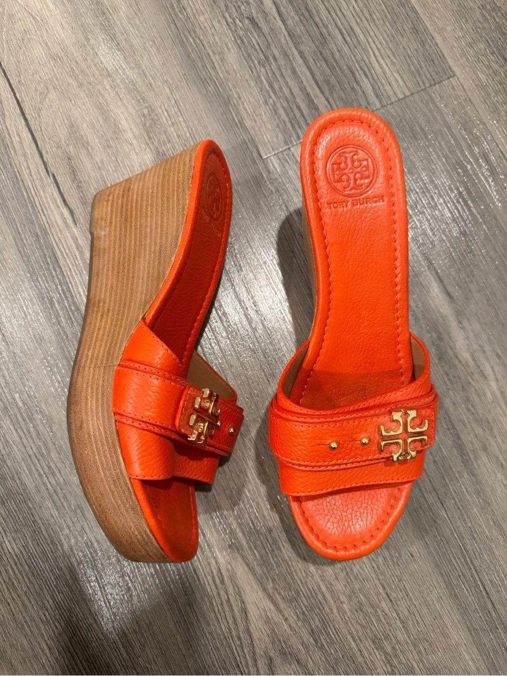 Tory Burch Bright Orange Elina Leather Logo Wedge Slides Size 11